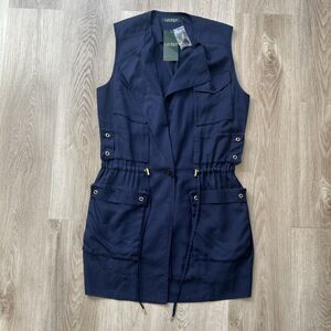 Lauren Ralph Lauren Womens Small Twill Outerwear Vest Long Blue Open Sleeveless